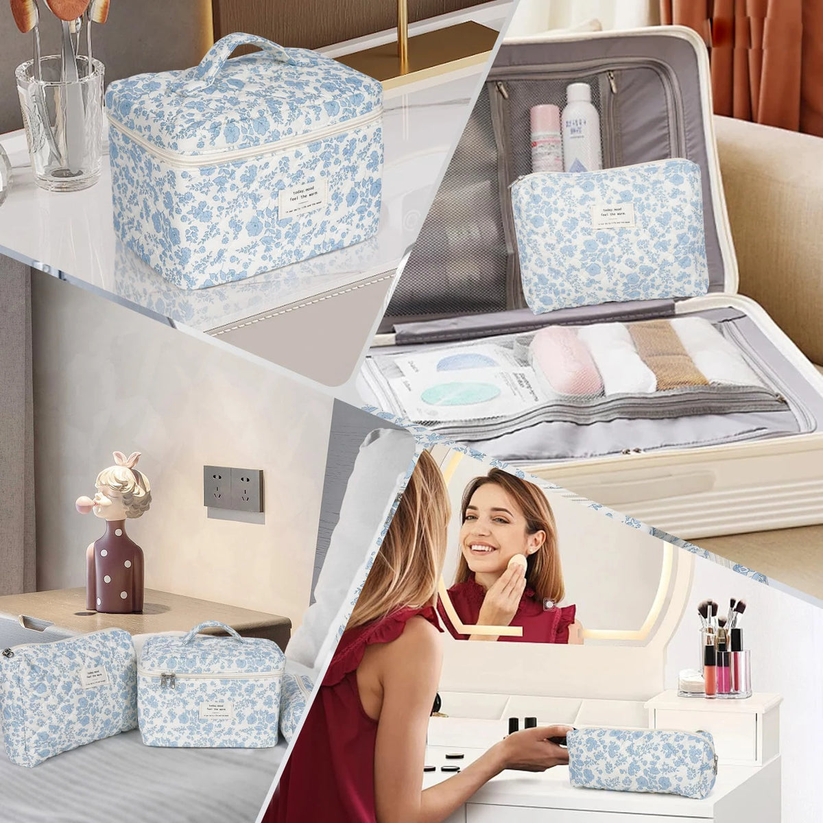 A woman is using a quilted cotton makeup bag with a zipper closure on a white vanity table.