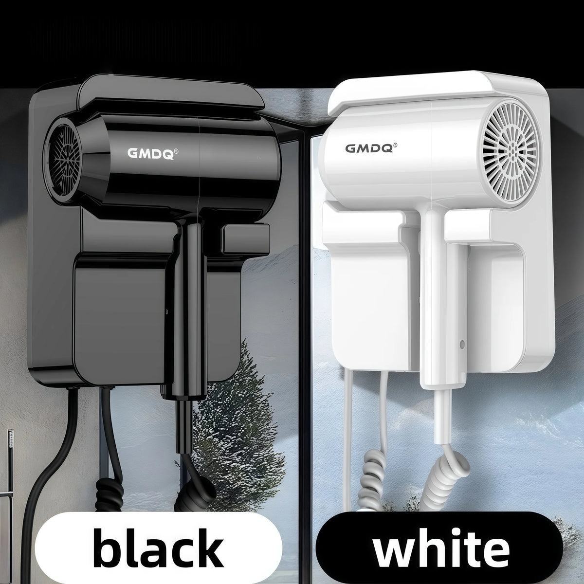 A black and white professional wall-mounted hair dryer unit shown side by side.