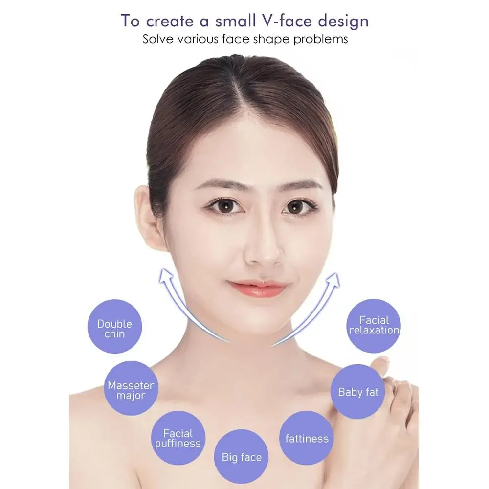 A woman is shown applying a V-face design treatment to her jawline and neck area.