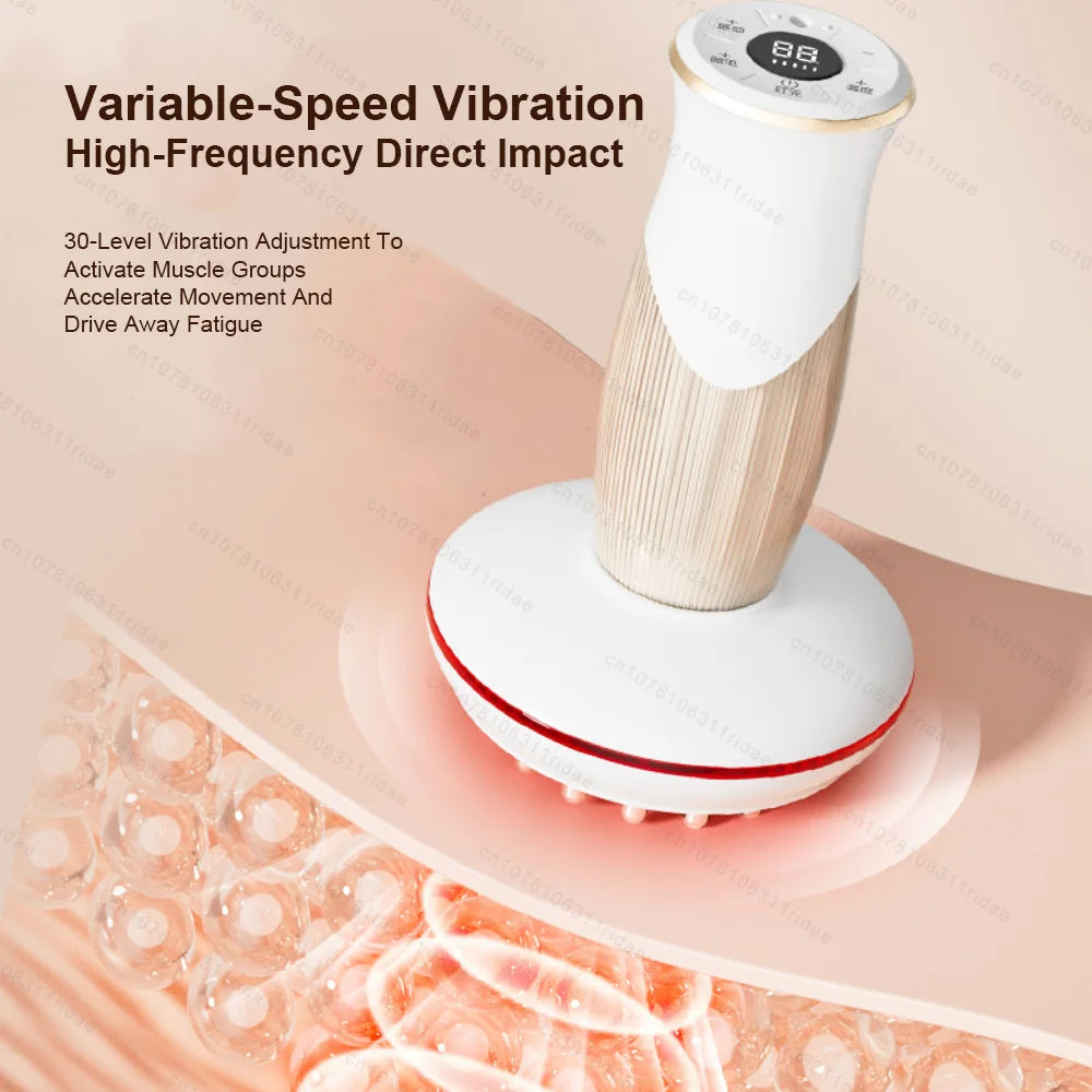 A white electric massage device with a textured head is shown against a pink background, illustrating muscle vibration techno