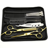 A black case containing professional stainless steel hair cutting scissors and combs.