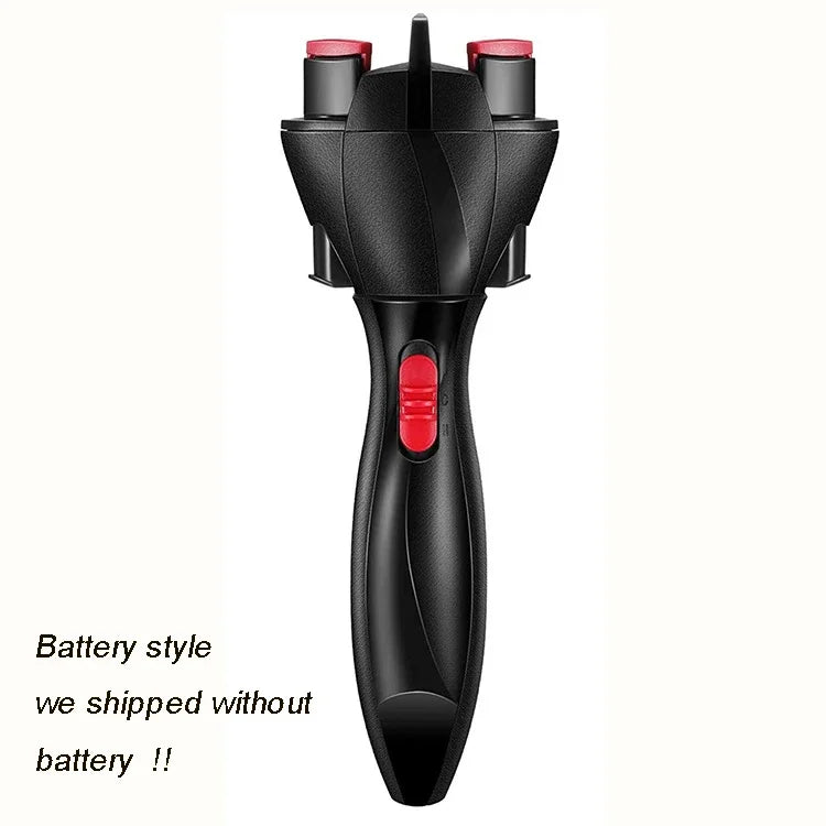 Black electric twist braiding tool with multiple braiding attachments and an on/off switch.