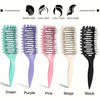A set of five professional styling brushes in green, purple, pink, beige, and black for hair molding.
