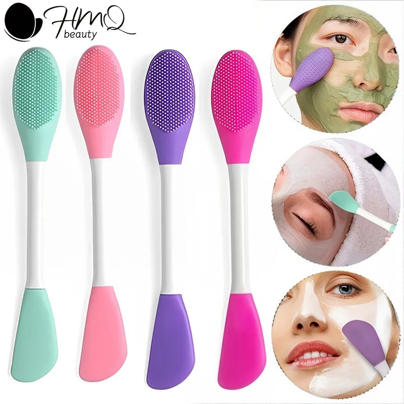 A set of silicone facial brushes in various colors including green, pink, and purple for exfoliation