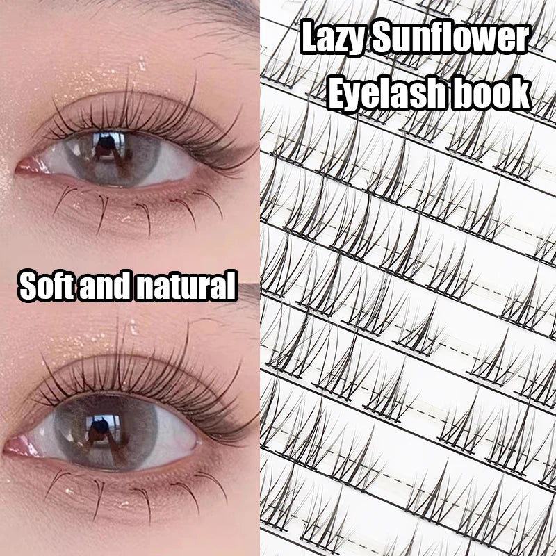 Diagramme montrant l'apparence d'un livre de cils à faux-cils de tournesol paresseux avec des styles de cils doux et naturels