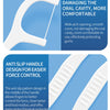 White reusable dental floss and plastic toothpicks shown with features for smooth arch opening and anti-slip handle design