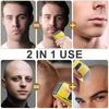 A multi-functional electric beard trimmer shaver in yellow and silver is shown being used on a man's face.