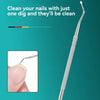 A stainless steel nail spoon is shown next to a close-up of a finger using the tool.