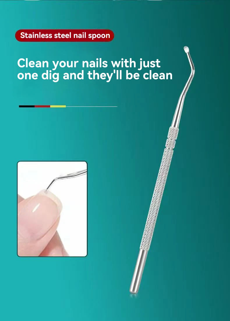 A stainless steel nail spoon is shown next to a close-up of a finger using the tool.