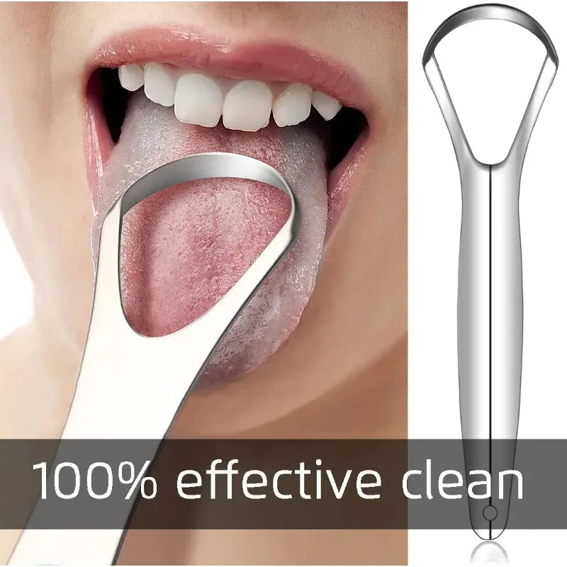 Stainless steel tongue scraper shown cleaning the tongue of a person's mouth.