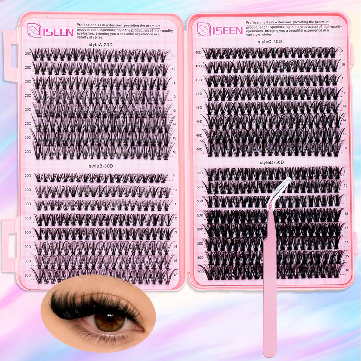 A set of professional lash extensions including style A-20D, B-30D, and C-40D clusters in a pink case.