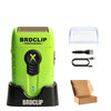 A green BRDCLIP electric shaver trimmer with a black charging base and accessories.