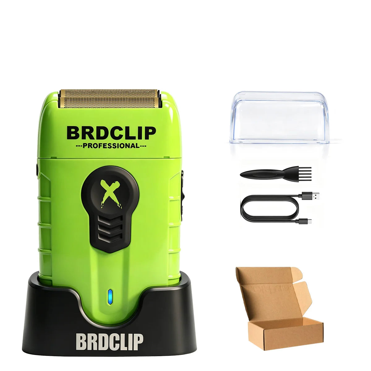 A green BRDCLIP electric shaver trimmer with a black charging base and accessories.