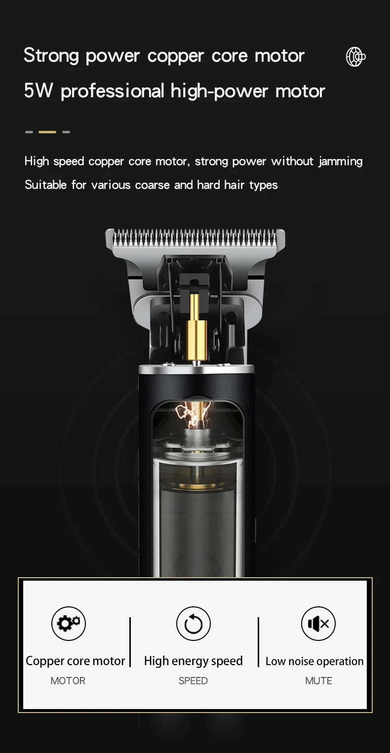 A close-up view of a professional hair trimmer featuring a strong copper core motor and adjustable settings.