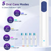 A white electric toothbrush with a blue indicator light and five colored brush heads demonstrating various oral care modes.