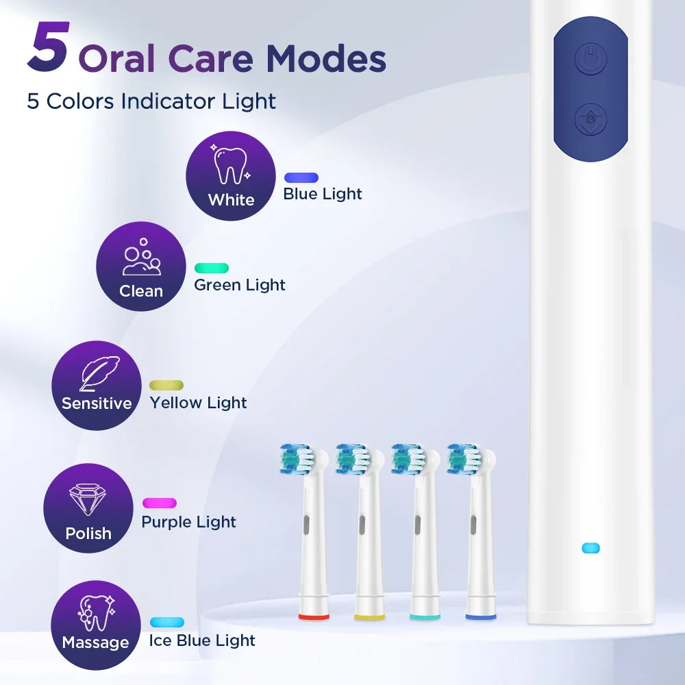 A white electric toothbrush with a blue indicator light and five colored brush heads demonstrating various oral care modes.