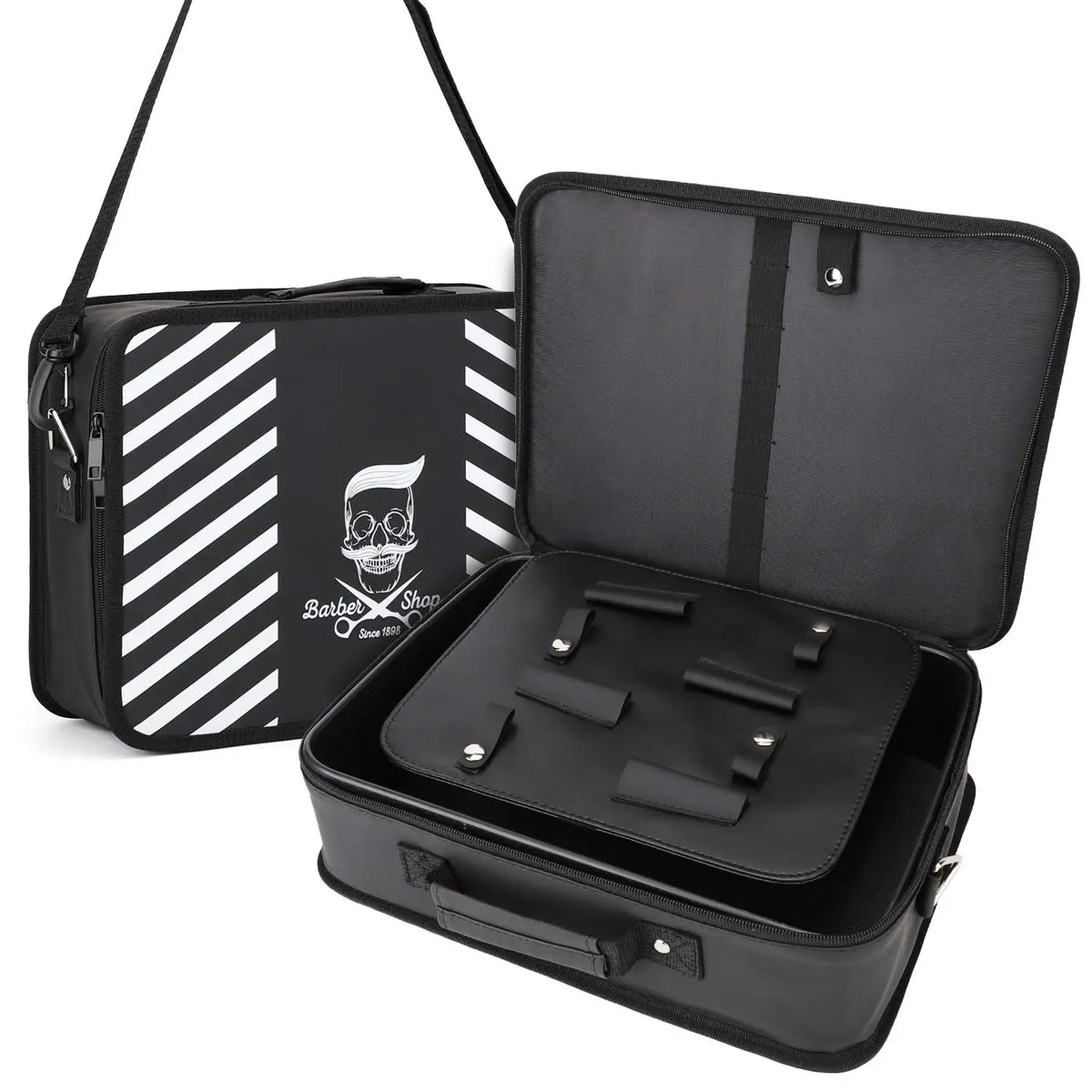 Black professional barber tool storage bag with a striped pattern and an open lid.