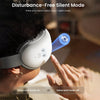 A person is using a white heated eye massager, demonstrating the disturbance-free silent mode feature.