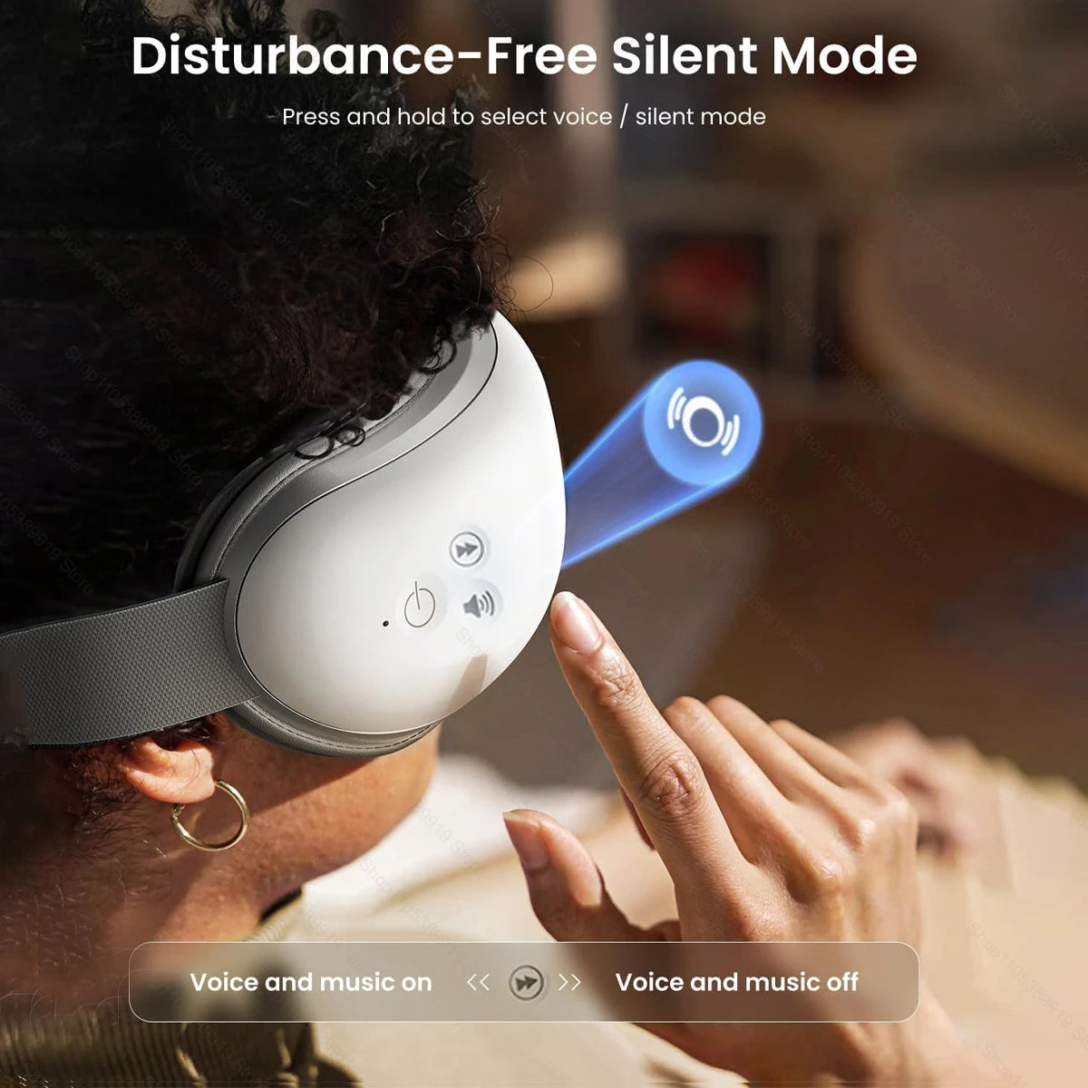 A person is using a white heated eye massager, demonstrating the disturbance-free silent mode feature.