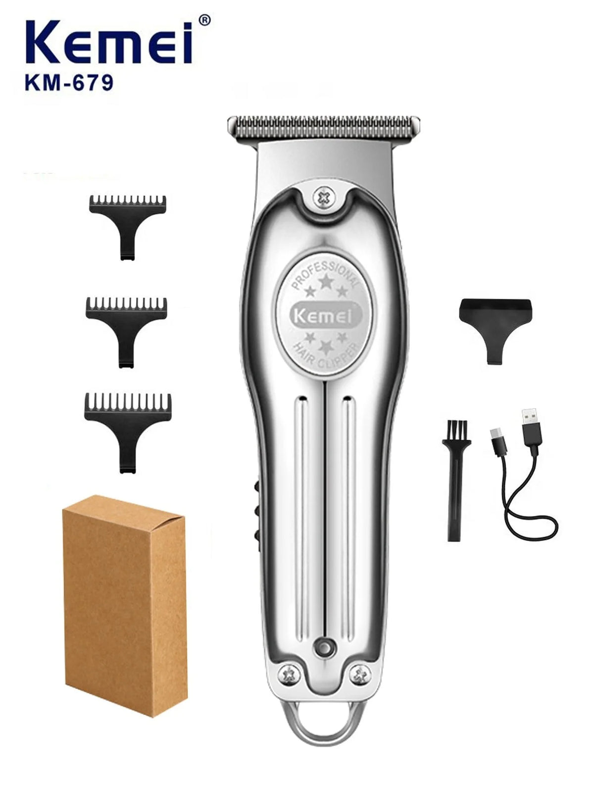 Silberne Kemei KM-679 professionelle wiederaufladbare elektrische Haarschere mit verschiedenen Aufsätzen und Ladekabel.
