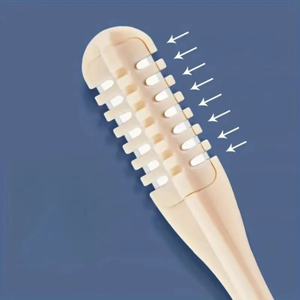 A close-up view of a beige hair trimmer with rotating attachments and multiple teeth, showing the cutting mechanism.