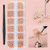 A clear plastic case filled with gold mixed stainless steel bead nail art decorations and a display of finished nail art.