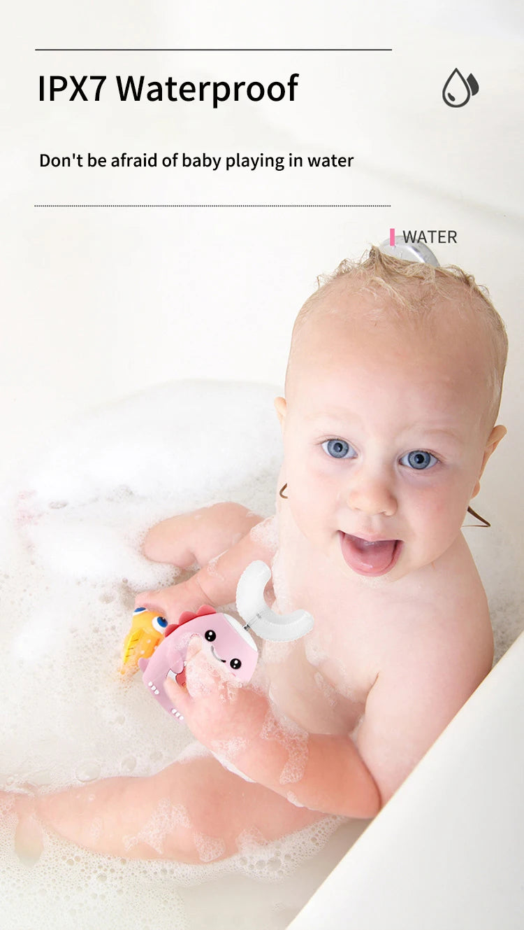 A baby is playing in water with a pink toy while being shown as IPX7 waterproof.