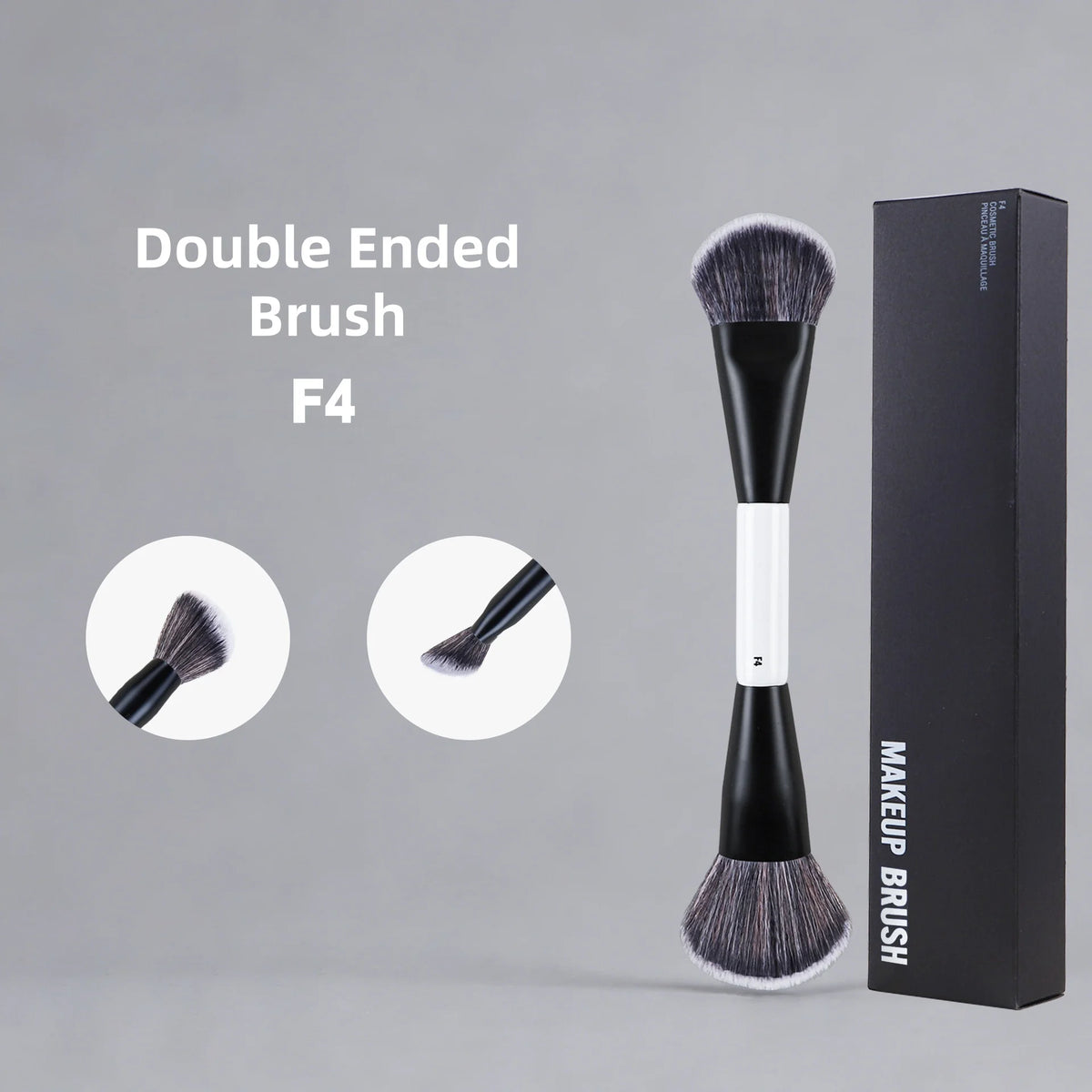 A black double-ended F4 makeup brush shown next to its packaging box.