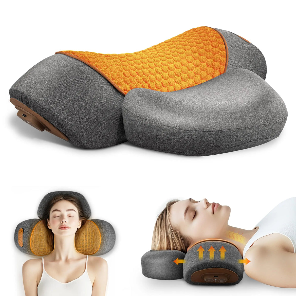 A gray and orange electric cervical neck massager shown in use on a person's neck.