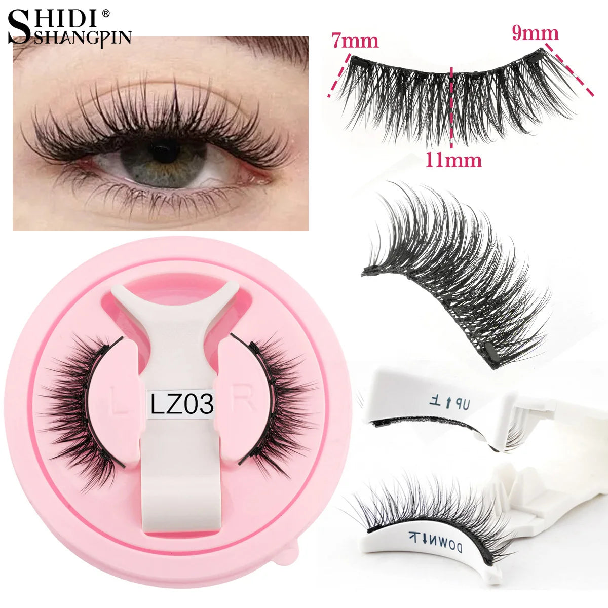 Un ensemble de faux cils magnétiques réutilisables rose et blanc, montrés avec divers styles de cils.