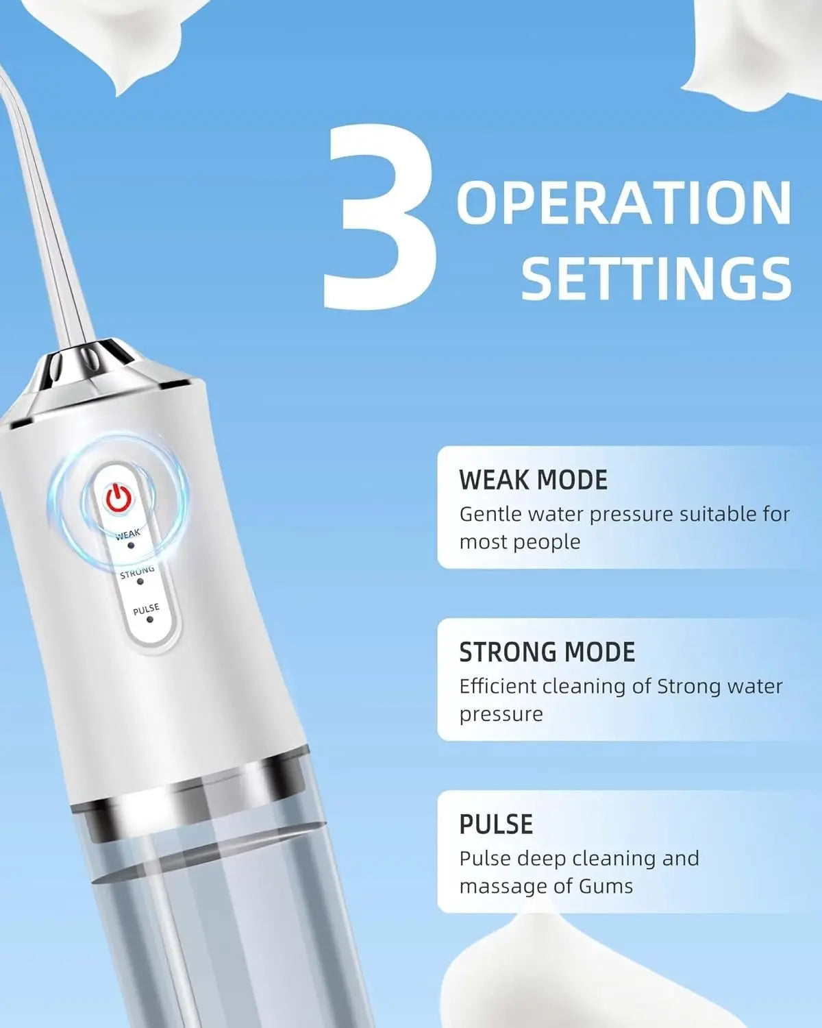 A white portable electric water flosser device shown with three operation settings displayed.