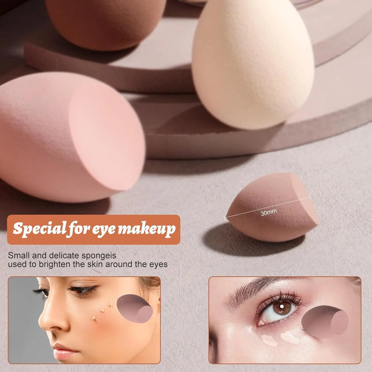 A set of pink and beige makeup sponges used for eye makeup application.