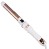 A close-up view of a professional hair styling tool with a rose gold barrel and white handle.