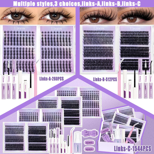 Multiple styles of eyelash clusters including Links-A, Links-B, and Links-C for volume and definition