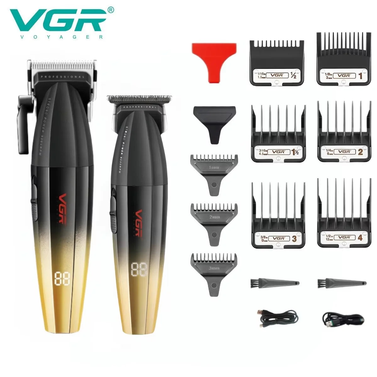 A set of professional cordless hair trimmers and attachments in black and gold finishes.