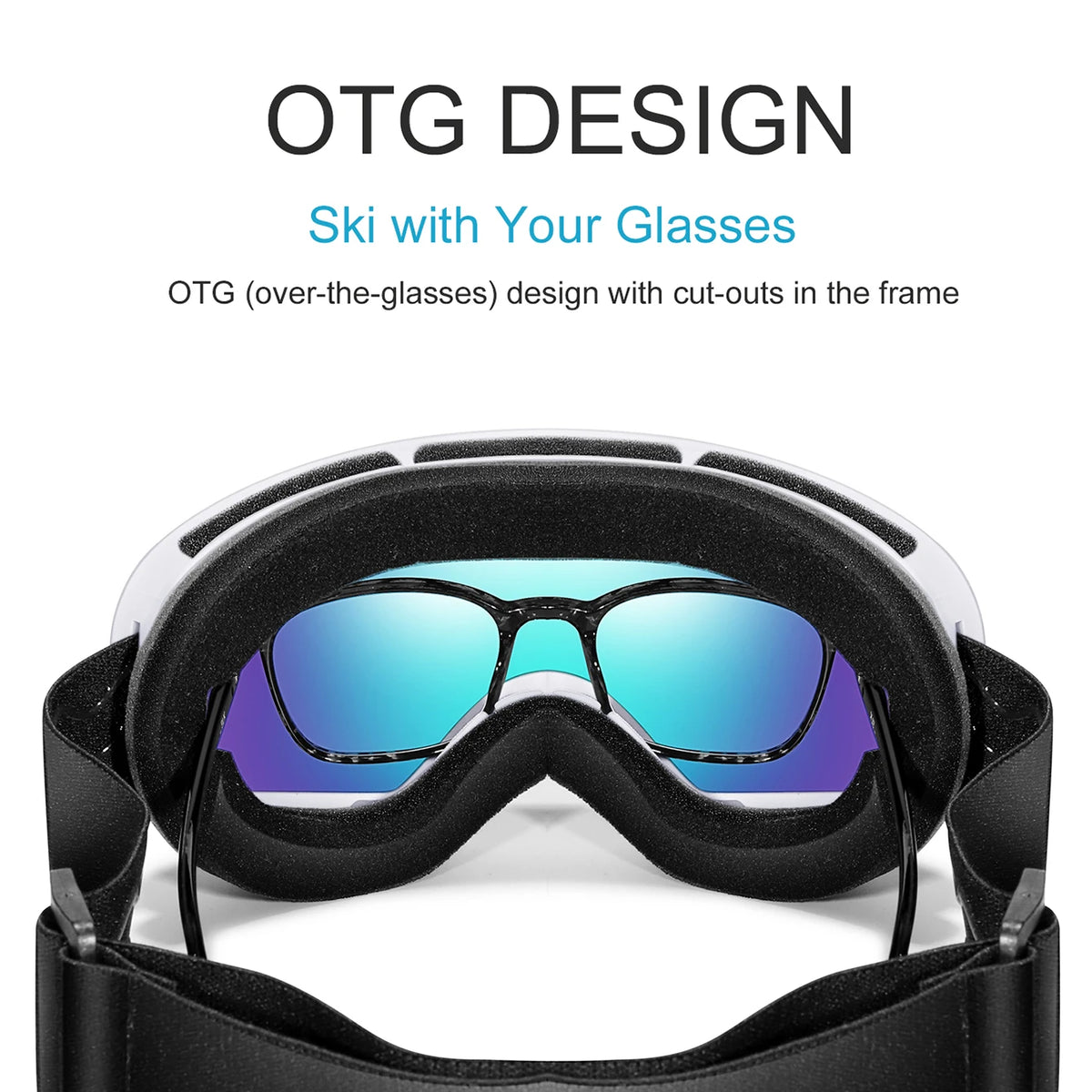 Black ski goggles with cutouts in the frame shown on a black strap