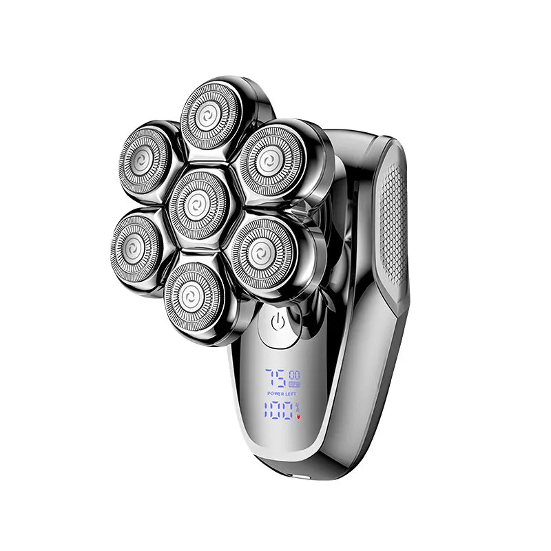 A close-up view of a silver electric shaver with multiple rotating heads and a textured grip.