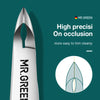A close-up of a silver cuticle nipper labeled Mr.Green, demonstrating high precision on occlusion for trimming nails.