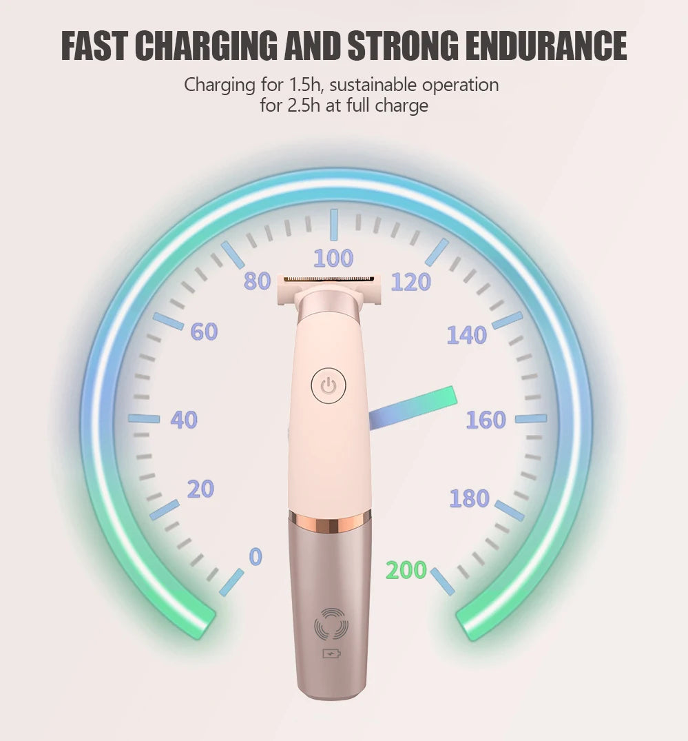 A portable electric hair shaver and epilator device shown next to a charging indicator dial.