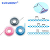 Various colored dental orthodontic power chain elastic rubber bands shown with diagrams illustrating different lengths
