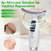 A white facial and neck massager device with multi-color lights is shown next to close-ups of skin.
