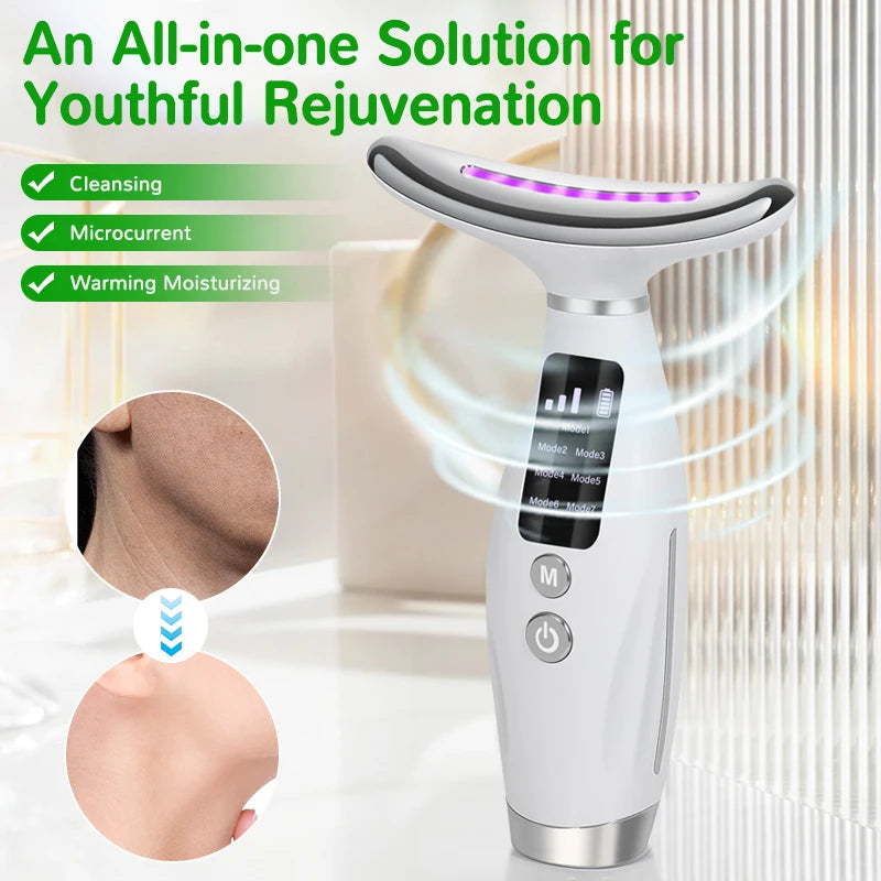 A white facial and neck massager device with multi-color lights is shown next to close-ups of skin.