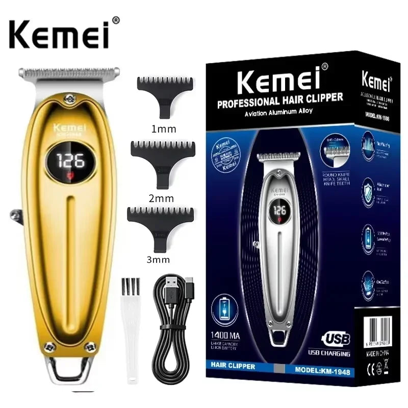 Gold- und silberner Friseurschere-Set mit Gehäuse, Klingen und USB-Ladekabel.