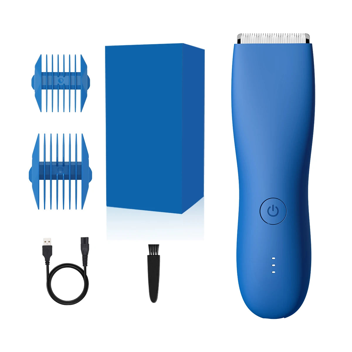 A blue professional body and personal hair trimmer shown with its components including a charging cable and a trimmer head.