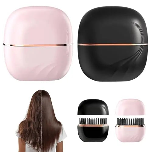 A set of portable mini hair straighteners in pink and black, shown with a close-up view of the product and a person's hair.