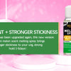 A bottle of Melting Spray for wigs is displayed on a pink background with text promoting stronger stickiness.