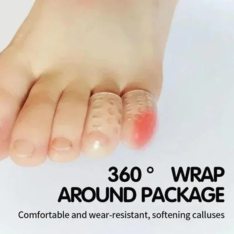 Close-up of a hand wearing silicone toe covers on the toes, demonstrating a 360 degree wrap around package.