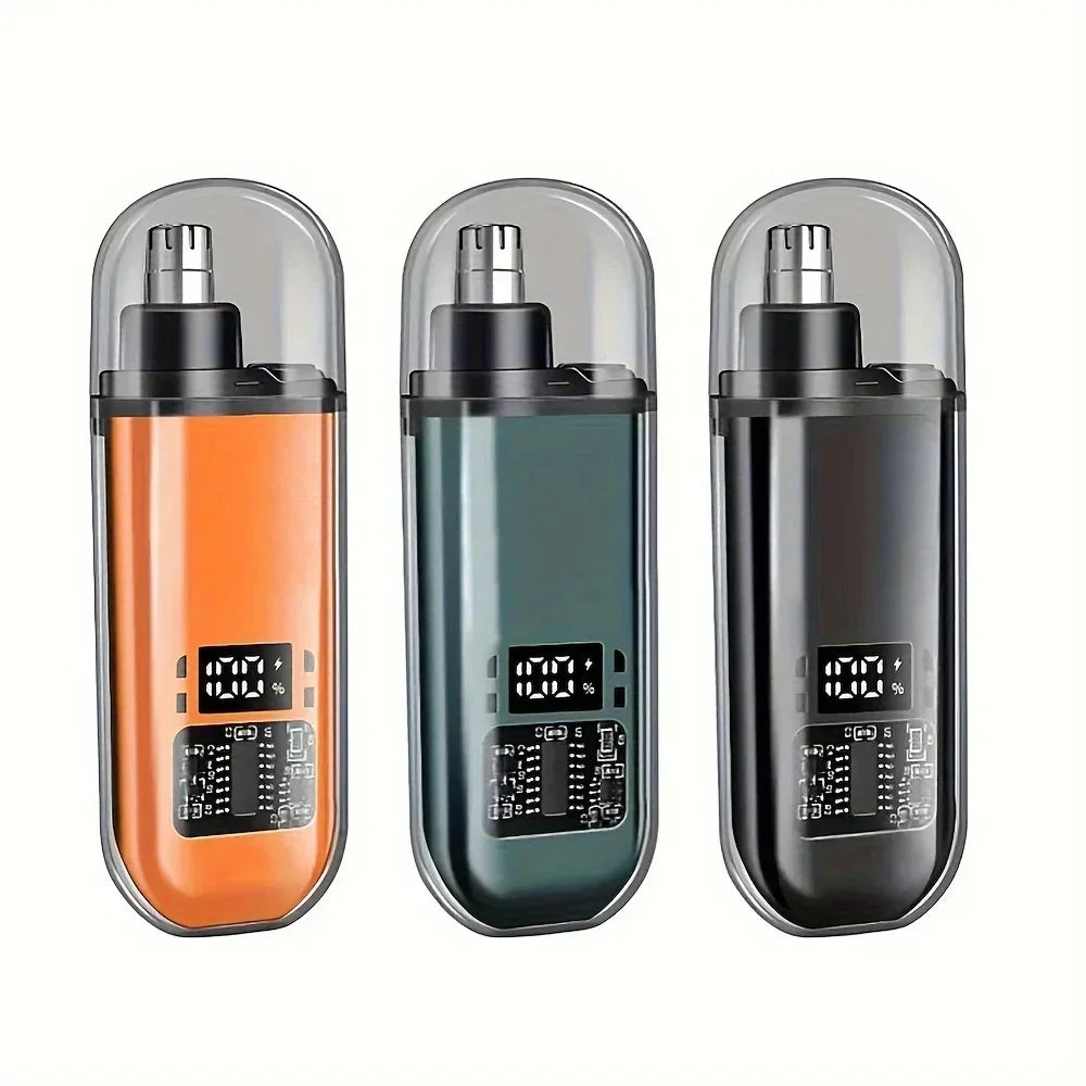 Drei Ansichten eines schwarzen, wiederaufladbaren USB-Nase- und Ohrhaartrimmers mit orange- und grünen Akzenten.
