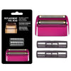 Replacement foil head and cutters blades for a shaver in pink and silver packaging