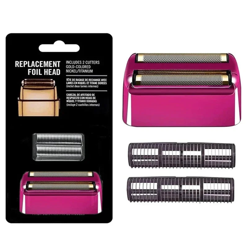 Replacement foil head and cutters blades for a shaver in pink and silver packaging